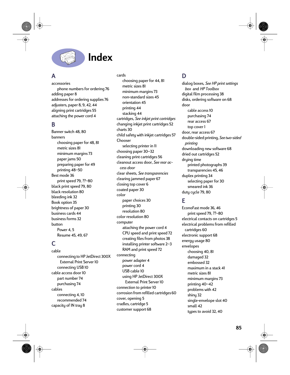 Index | HP Deskjet 832c Printer User Manual | Page 92 / 98