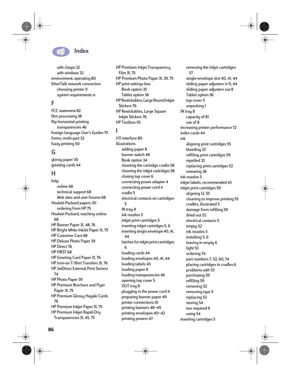 Index | HP Deskjet 832c Printer User Manual | Page 93 / 98