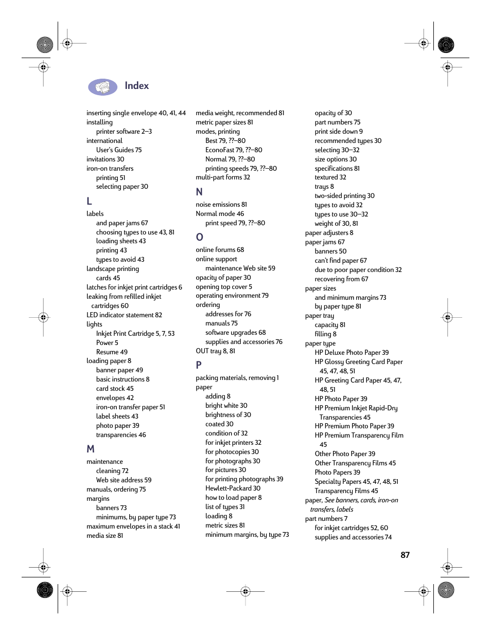 Index | HP Deskjet 832c Printer User Manual | Page 94 / 98