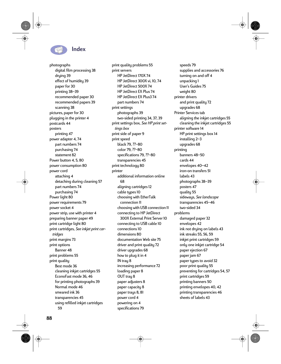 Index | HP Deskjet 832c Printer User Manual | Page 95 / 98