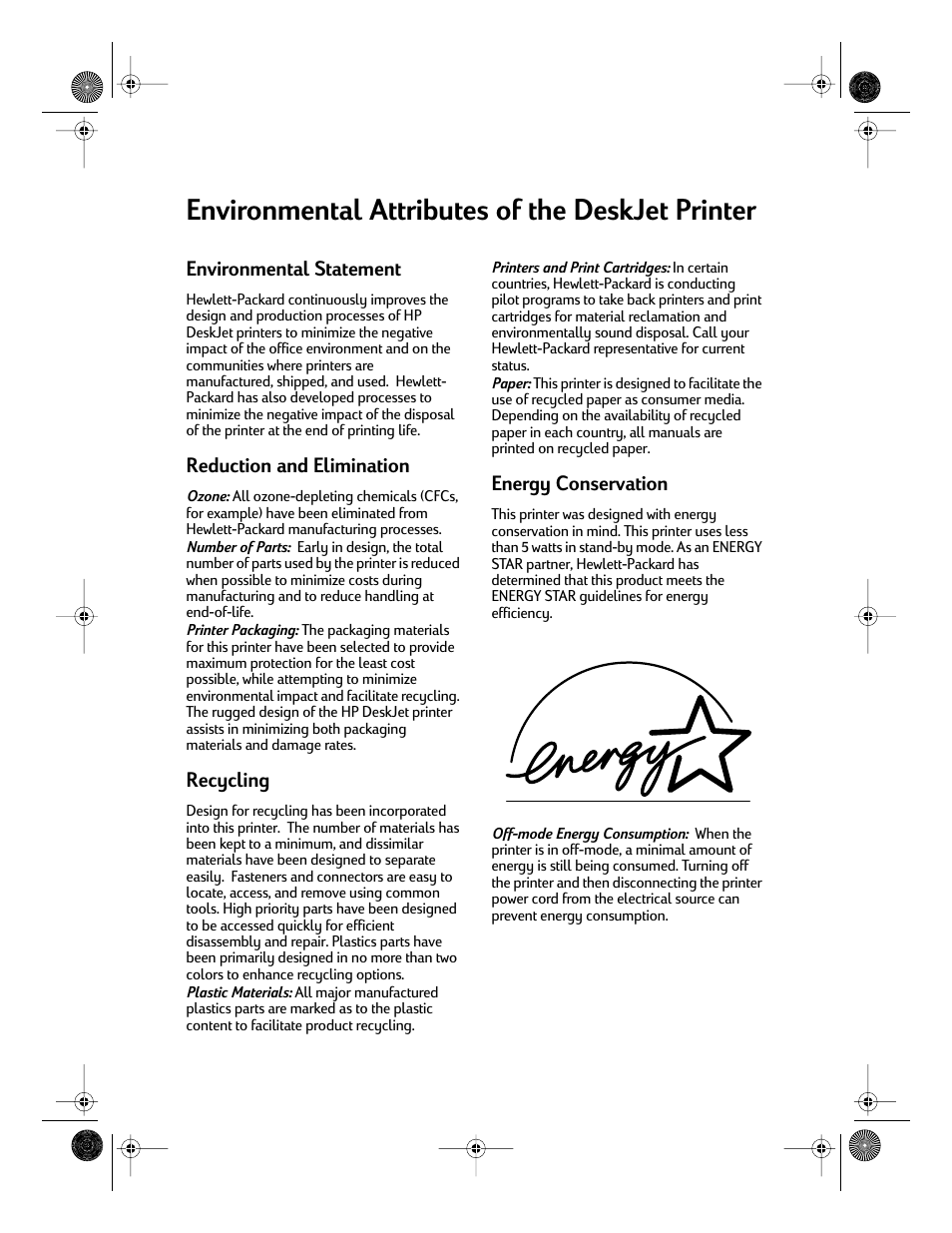Environmental attributes of the deskjet printer, Environmental statement, Reduction and elimination | Recycling, Energy conservation | HP Deskjet 832c Printer User Manual | Page 97 / 98