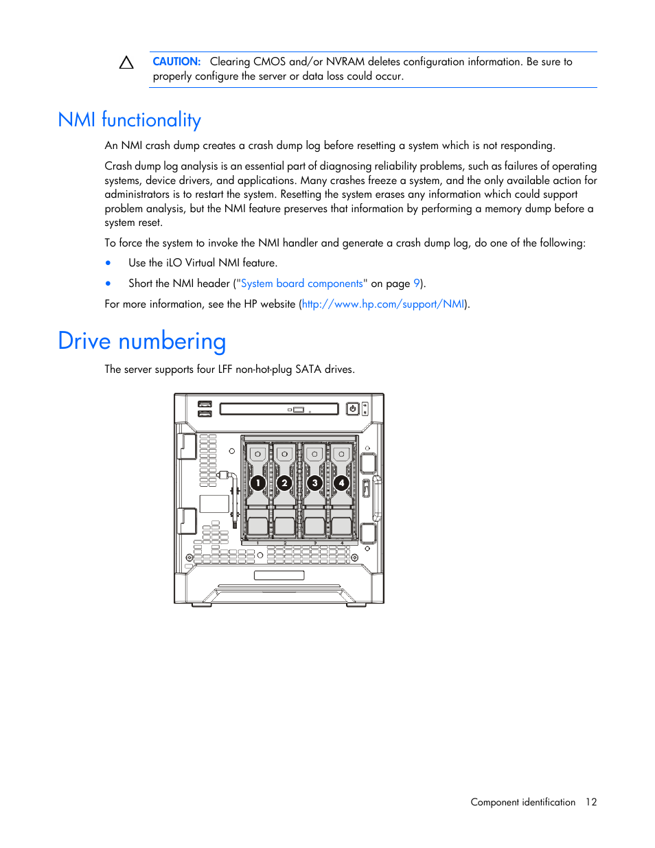 Nmi functionality, Drive numbering | HP ProLiant MicroServer Gen8 User Manual | Page 12 / 95