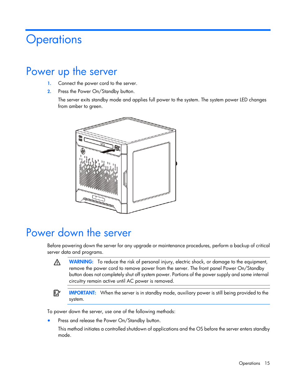 Operations, Power up the server, Power down the server | HP ProLiant MicroServer Gen8 User Manual | Page 15 / 95