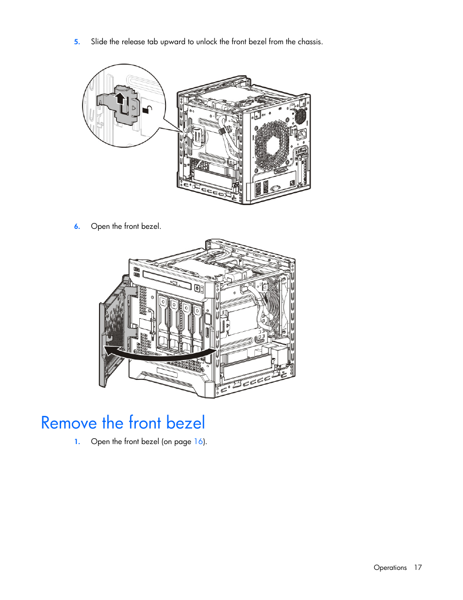 Remove the front bezel | HP ProLiant MicroServer Gen8 User Manual | Page 17 / 95