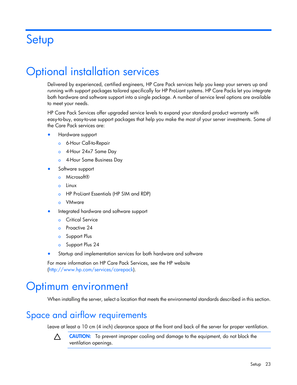 Setup, Optional installation services, Optimum environment | Space and airflow requirements | HP ProLiant MicroServer Gen8 User Manual | Page 23 / 95