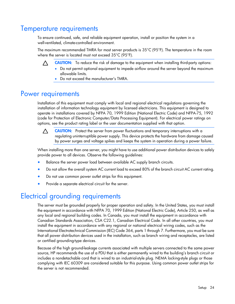 Temperature requirements, Power requirements, Electrical grounding requirements | HP ProLiant MicroServer Gen8 User Manual | Page 24 / 95