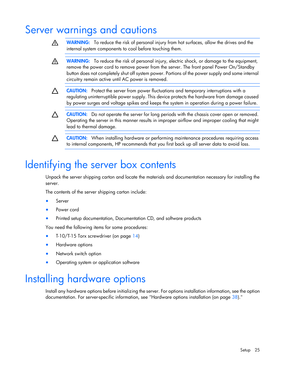 Server warnings and cautions, Identifying the server box contents, Installing hardware options | HP ProLiant MicroServer Gen8 User Manual | Page 25 / 95