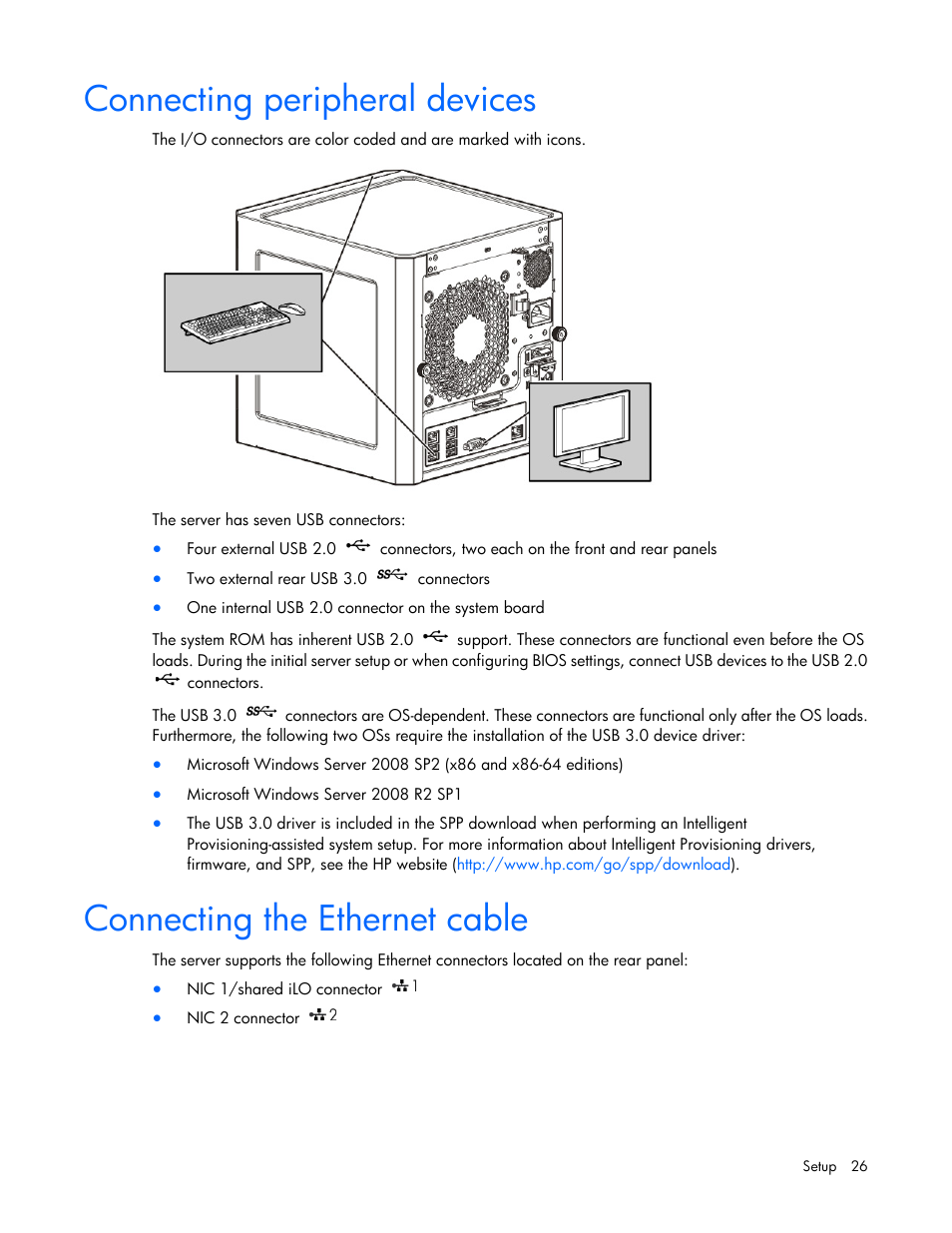 Connecting peripheral devices, Connecting the ethernet cable | HP ProLiant MicroServer Gen8 User Manual | Page 26 / 95
