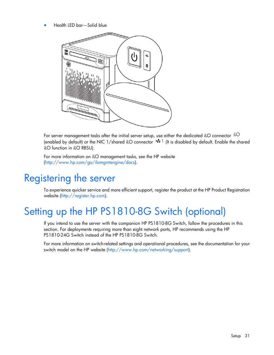 Registering the server, Setting up the hp ps1810-8g switch (optional) | HP ProLiant MicroServer Gen8 User Manual | Page 31 / 95