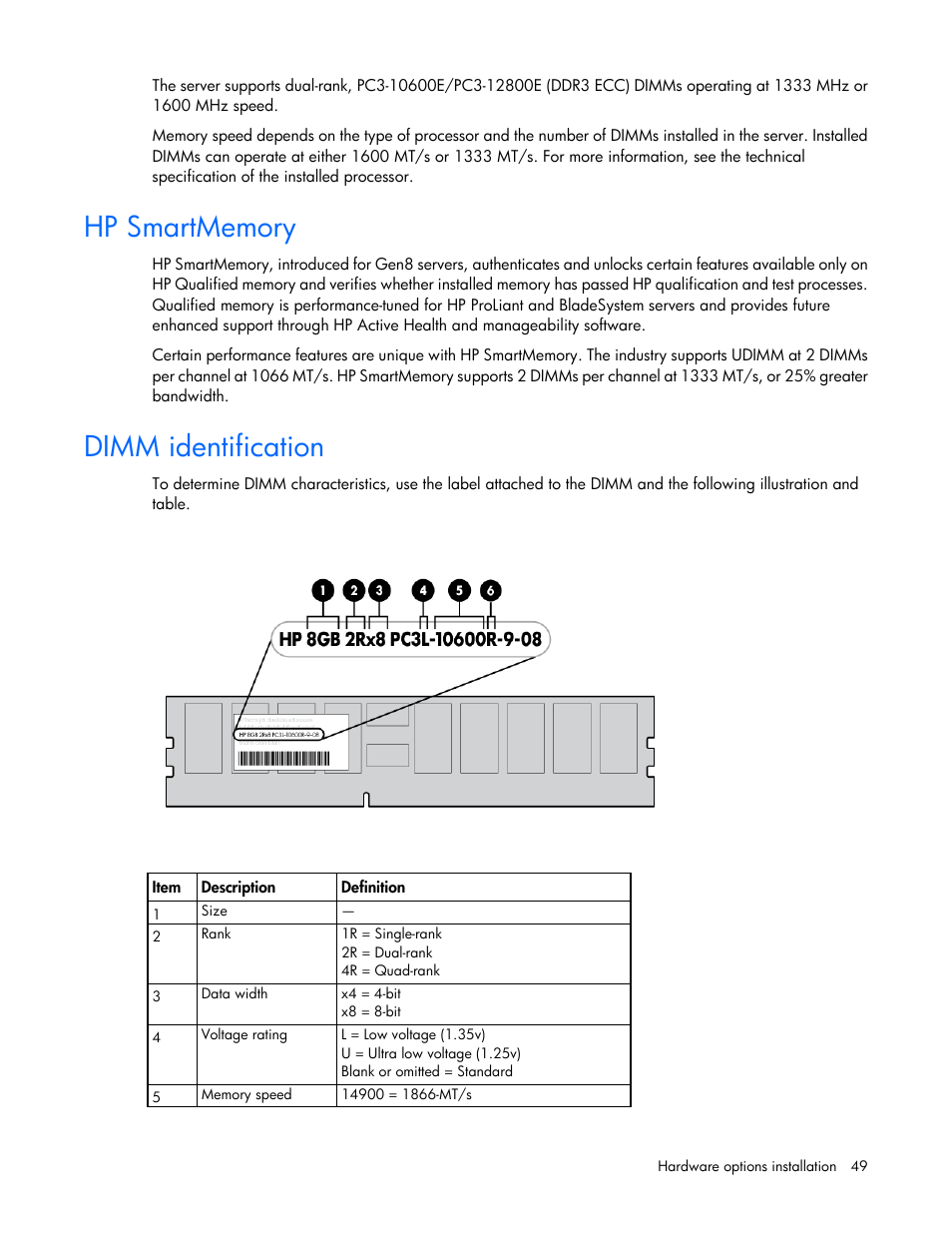 Hp smartmemory, Dimm identification | HP ProLiant MicroServer Gen8 User Manual | Page 49 / 95