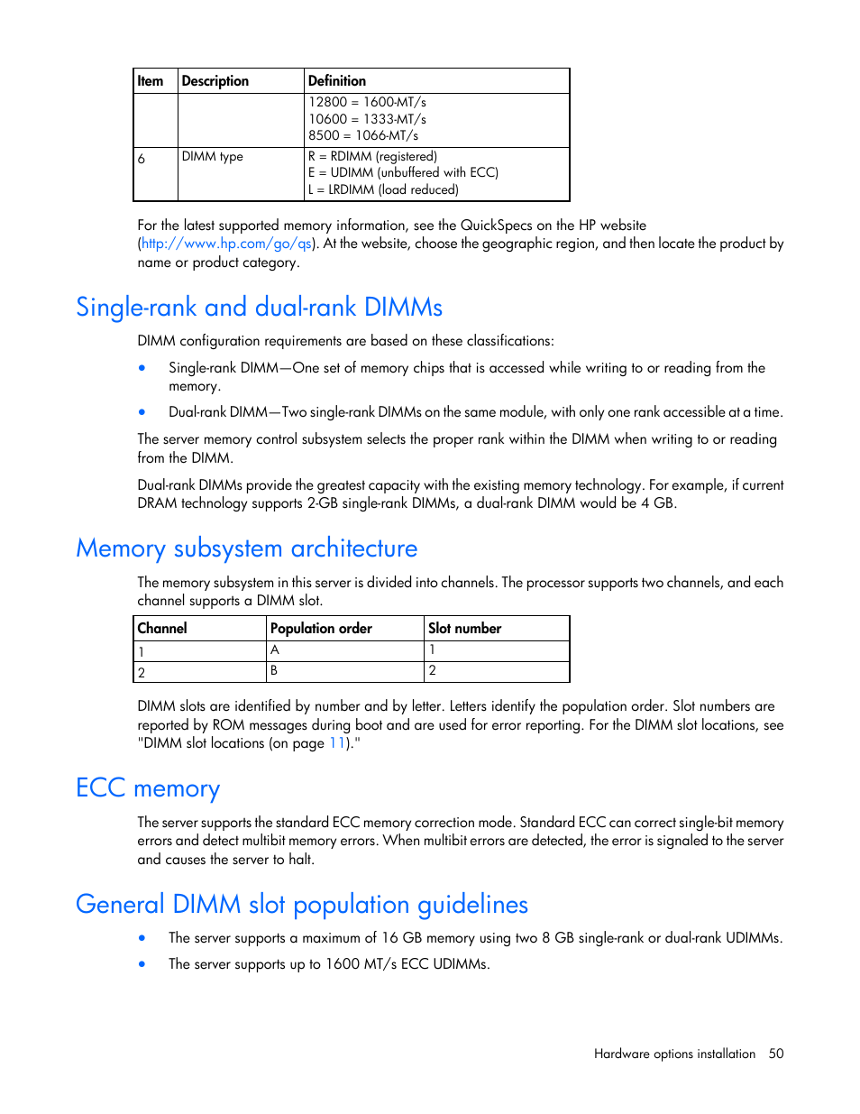 Single-rank and dual-rank dimms, Memory subsystem architecture, Ecc memory | General dimm slot population guidelines | HP ProLiant MicroServer Gen8 User Manual | Page 50 / 95