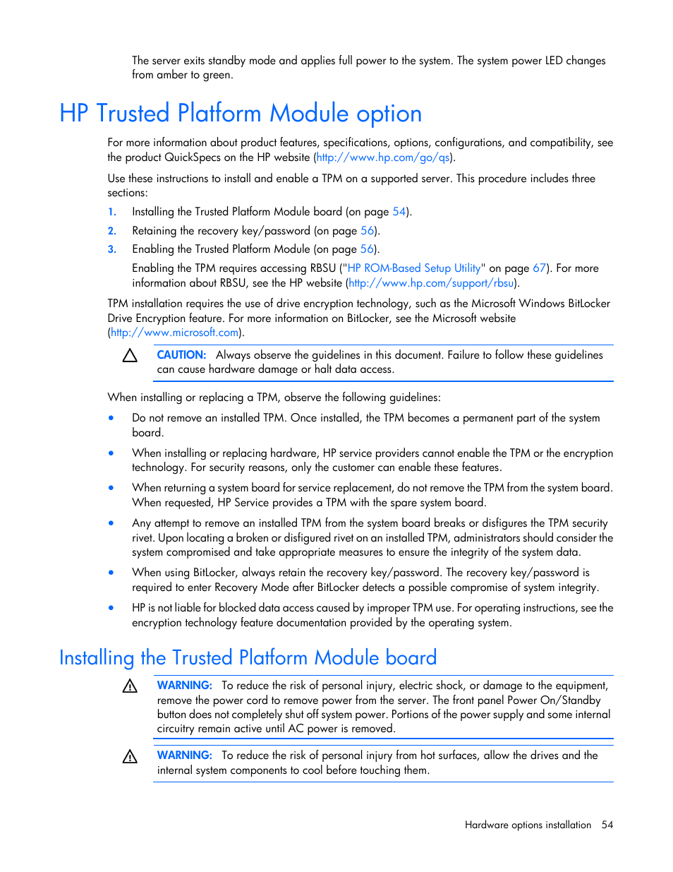 Hp trusted platform module option, Installing the trusted platform module board | HP ProLiant MicroServer Gen8 User Manual | Page 54 / 95