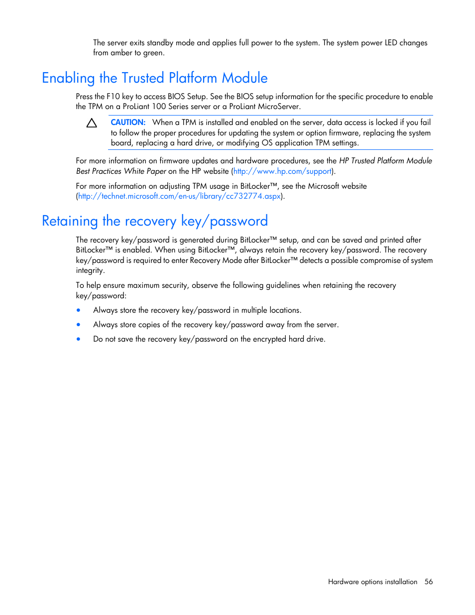 Enabling the trusted platform module, Retaining the recovery key/password | HP ProLiant MicroServer Gen8 User Manual | Page 56 / 95