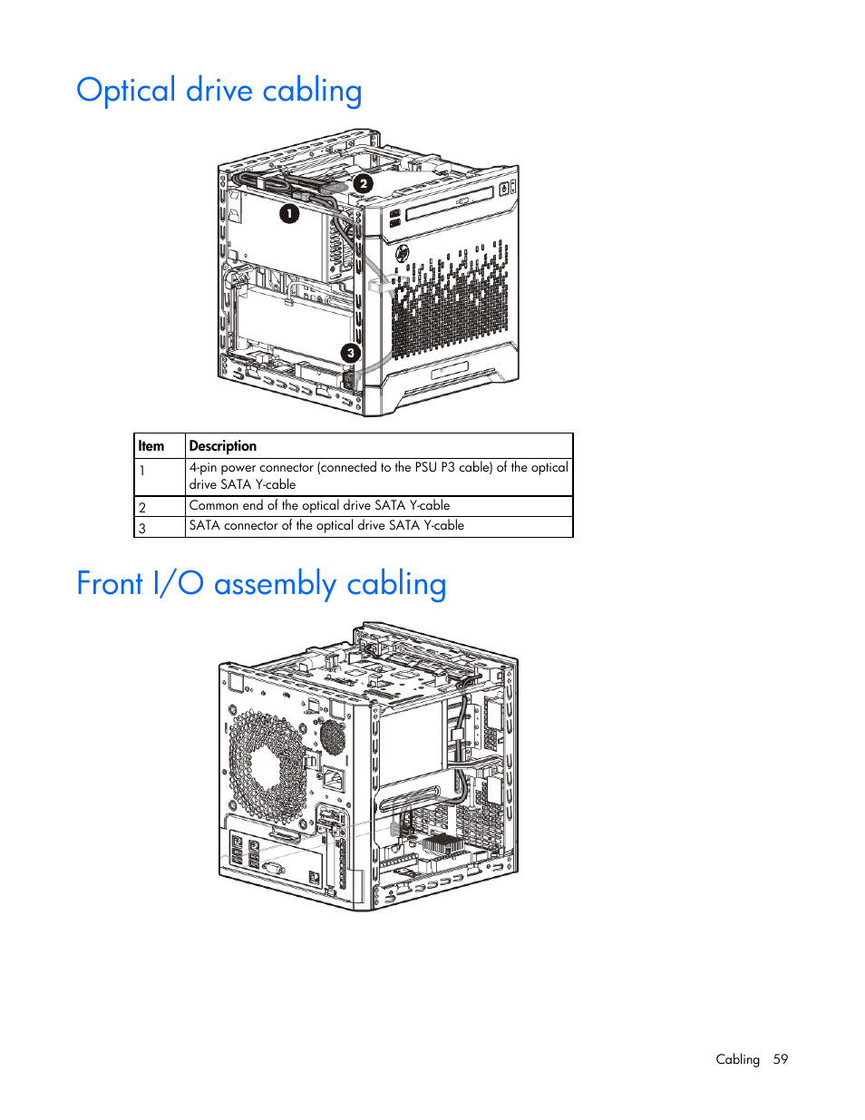 Optical drive cabling, Front i/o assembly cabling | HP ProLiant MicroServer Gen8 User Manual | Page 59 / 95