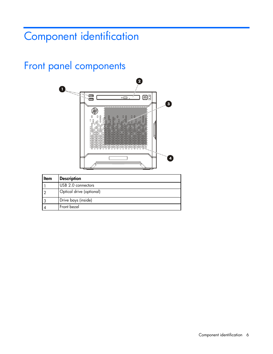 Component identification, Front panel components | HP ProLiant MicroServer Gen8 User Manual | Page 6 / 95