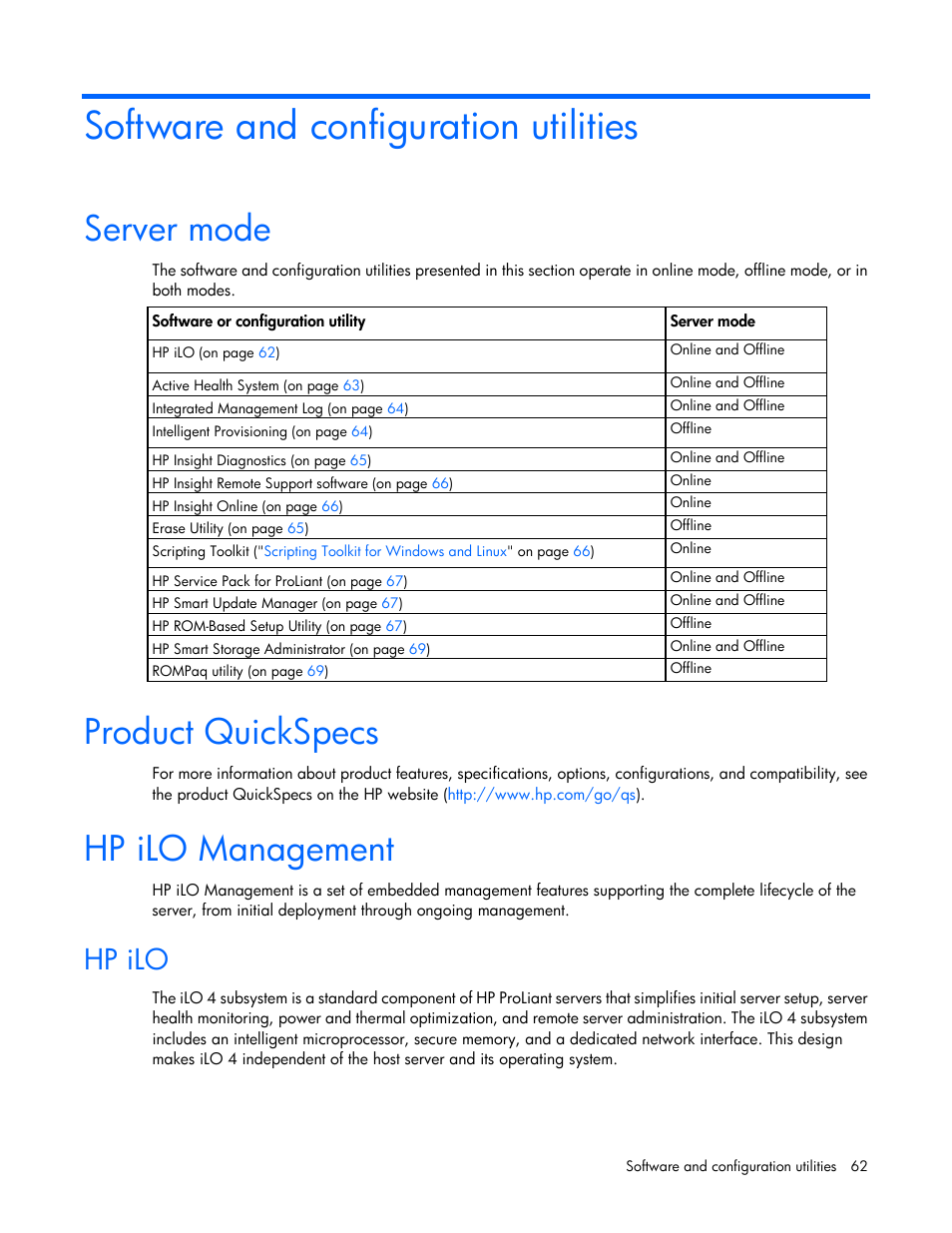 Software and configuration utilities, Server mode, Product quickspecs | Hp ilo management, Hp ilo | HP ProLiant MicroServer Gen8 User Manual | Page 62 / 95
