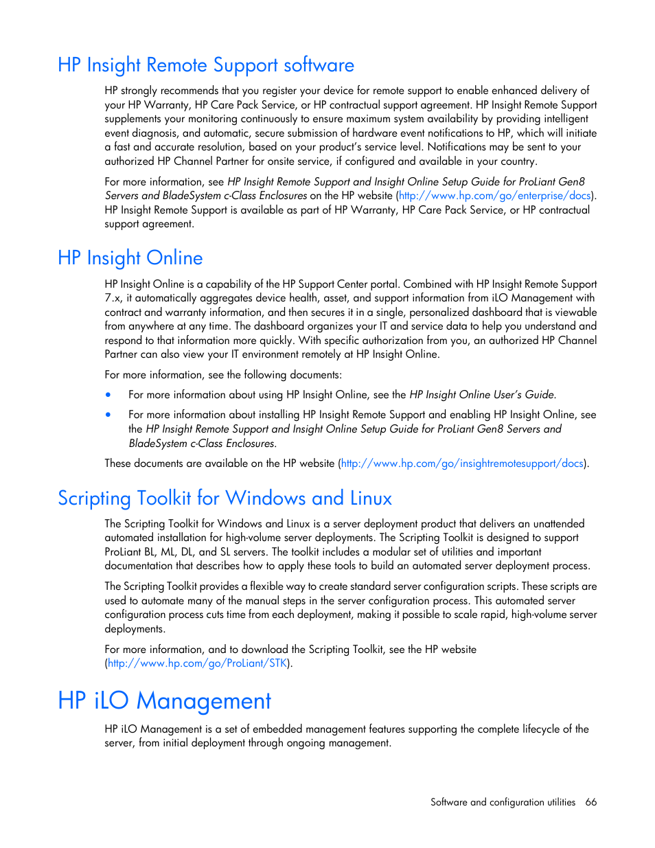 Hp insight remote support software, Hp insight online, Scripting toolkit for windows and linux | Hp ilo management | HP ProLiant MicroServer Gen8 User Manual | Page 66 / 95