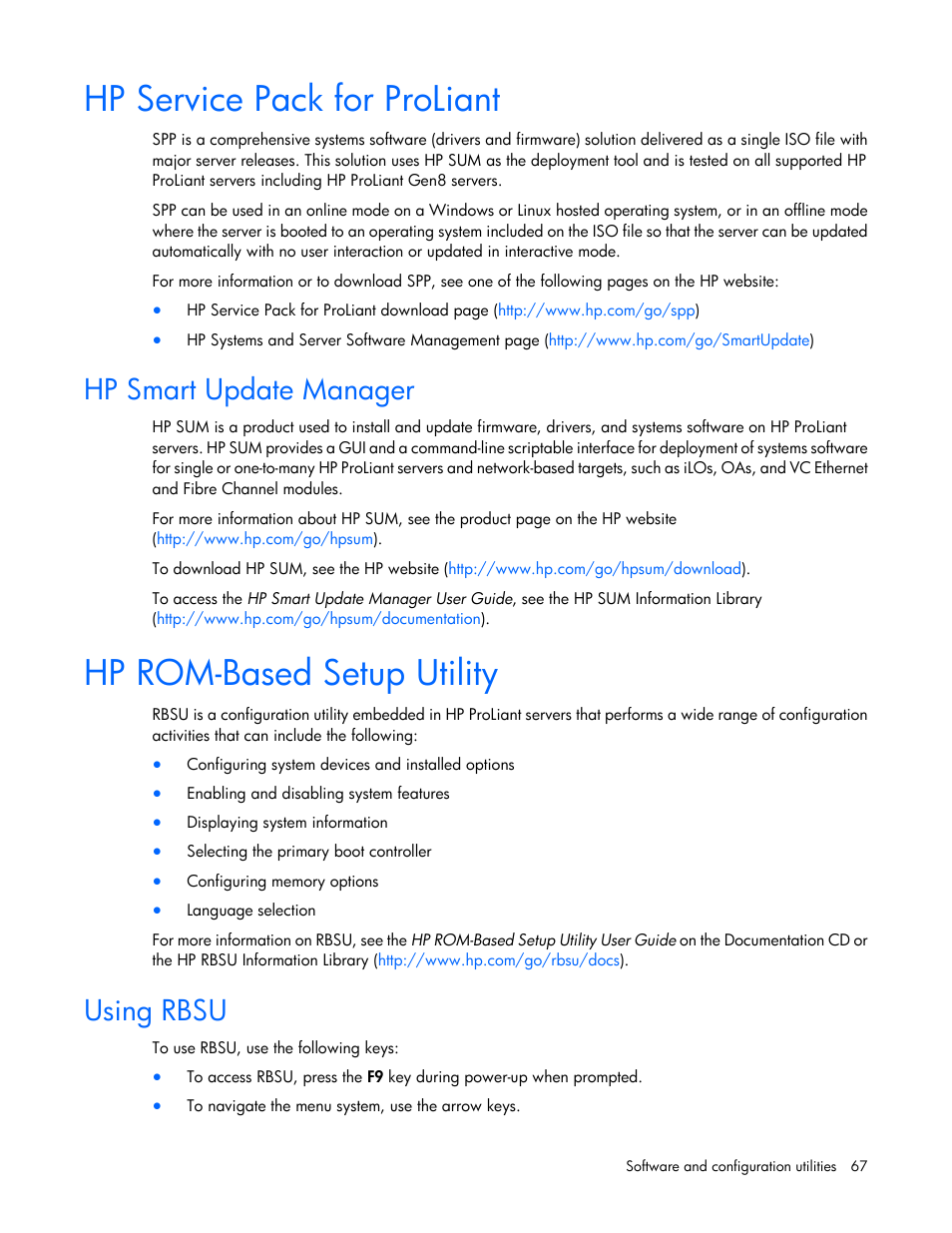 Hp service pack for proliant, Hp smart update manager, Hp rom-based setup utility | Using rbsu, Hp rom-based setup, Utility | HP ProLiant MicroServer Gen8 User Manual | Page 67 / 95