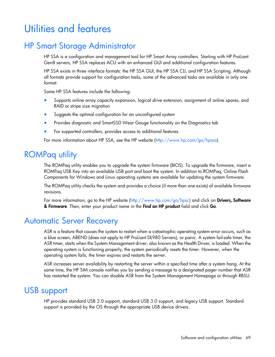 Utilities and features, Hp smart storage administrator, Rompaq utility | Automatic server recovery, Usb support | HP ProLiant MicroServer Gen8 User Manual | Page 69 / 95