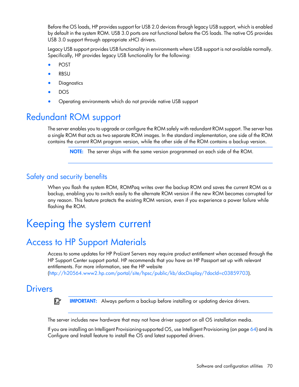 Redundant rom support, Safety and security benefits, Keeping the system current | Access to hp support materials, Drivers | HP ProLiant MicroServer Gen8 User Manual | Page 70 / 95