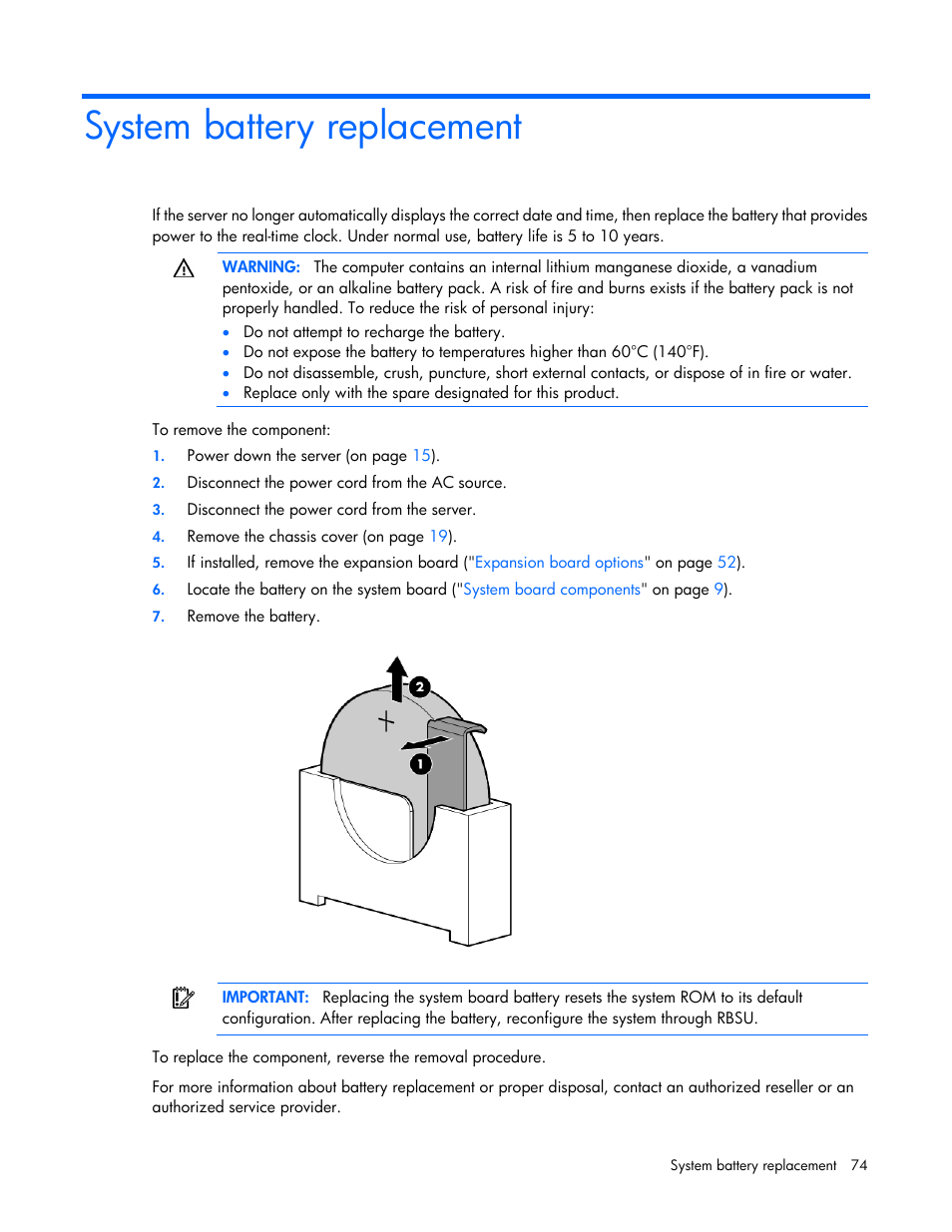 System battery replacement | HP ProLiant MicroServer Gen8 User Manual | Page 74 / 95
