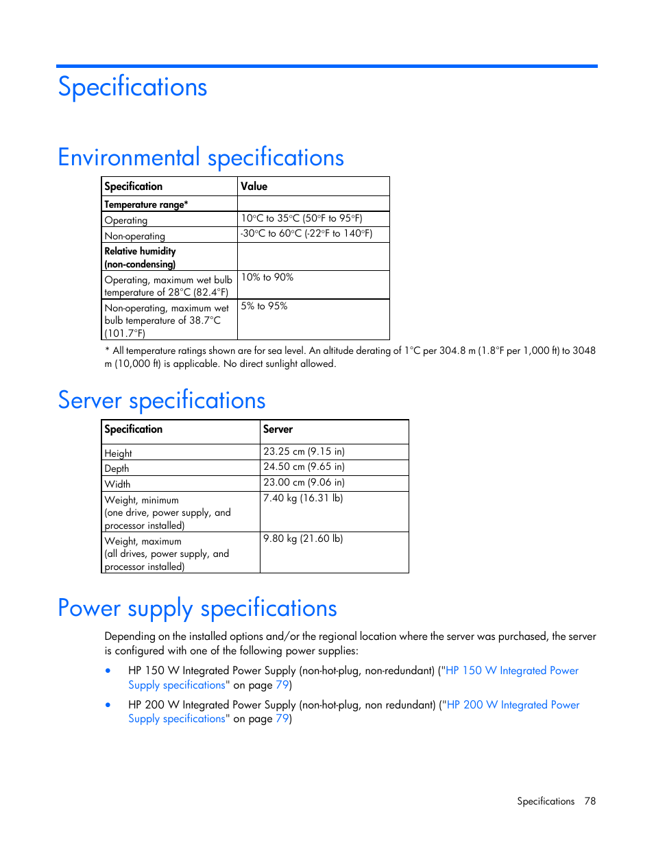Specifications, Environmental specifications, Server specifications | Power supply specifications | HP ProLiant MicroServer Gen8 User Manual | Page 78 / 95