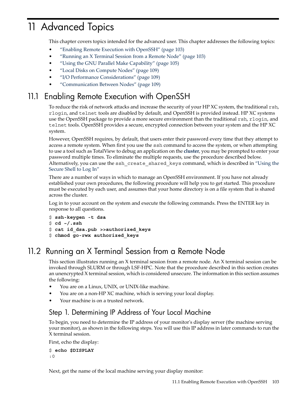 11 advanced topics, 1 enabling remote execution with openssh, 2 running an x terminal session from a remote node | Enabling remote execution with openssh | HP XC System 3.x Software User Manual | Page 103 / 133