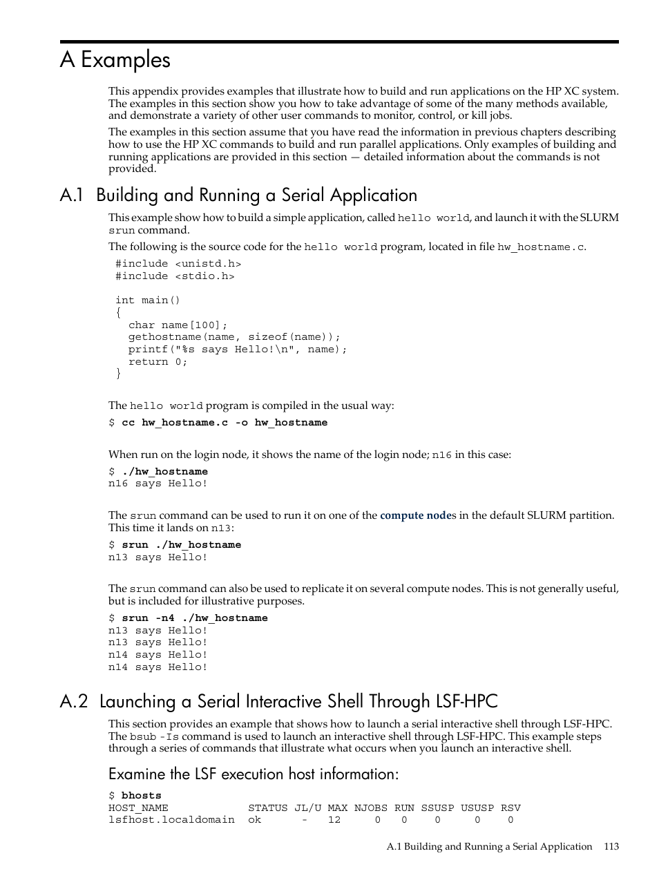 A examples, A.1 building and running a serial application, Examine the lsf execution host information | HP XC System 3.x Software User Manual | Page 113 / 133