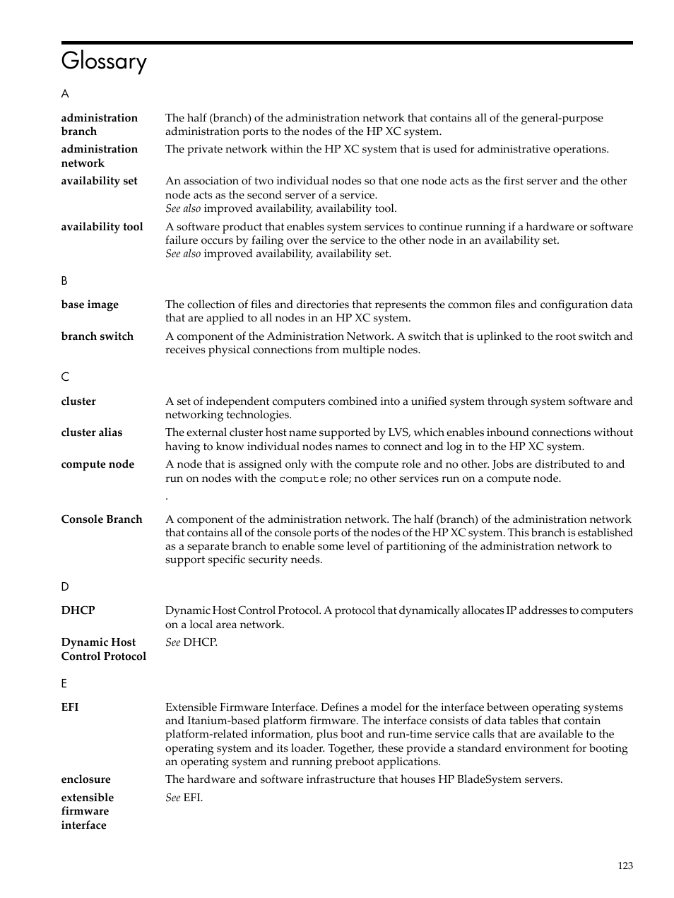 Glossary, Cluster, Compute node | HP XC System 3.x Software User Manual | Page 123 / 133
