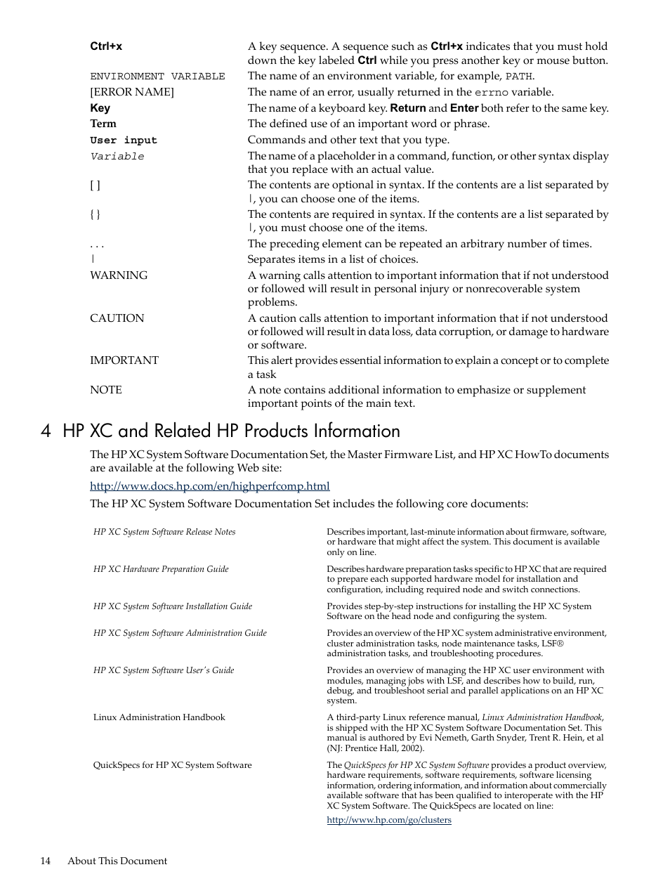 4 hp xc and related hp products information | HP XC System 3.x Software User Manual | Page 14 / 133