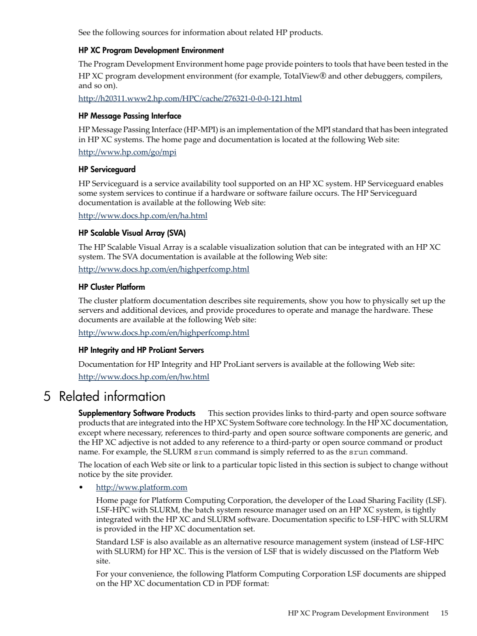 5 related information, Supplementary software | HP XC System 3.x Software User Manual | Page 15 / 133