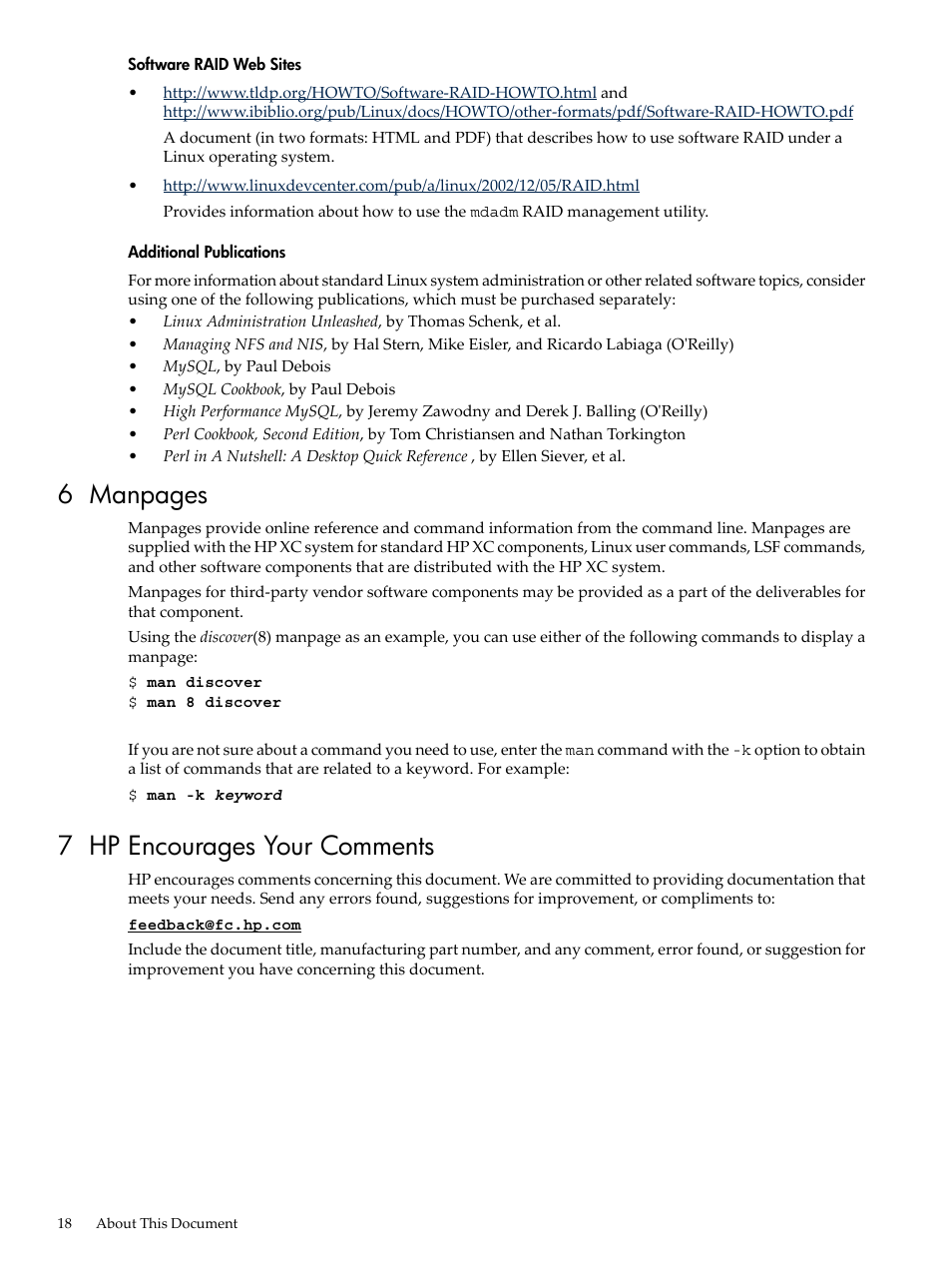 7 hp encourages your comments, 6 manpages | HP XC System 3.x Software User Manual | Page 18 / 133