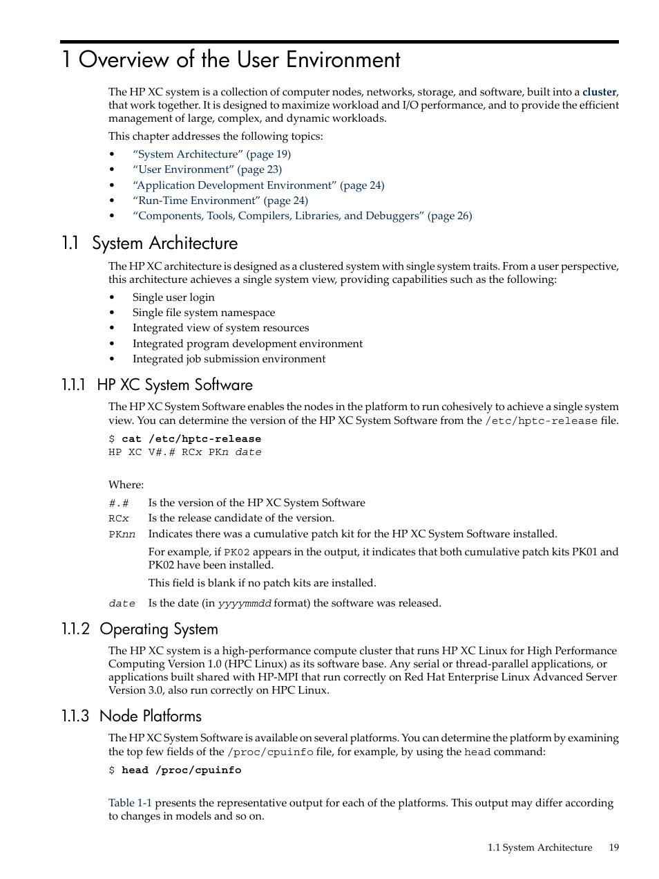 1 overview of the user environment, 1 system architecture, 1 hp xc system software | 2 operating system, 3 node platforms | HP XC System 3.x Software User Manual | Page 19 / 133