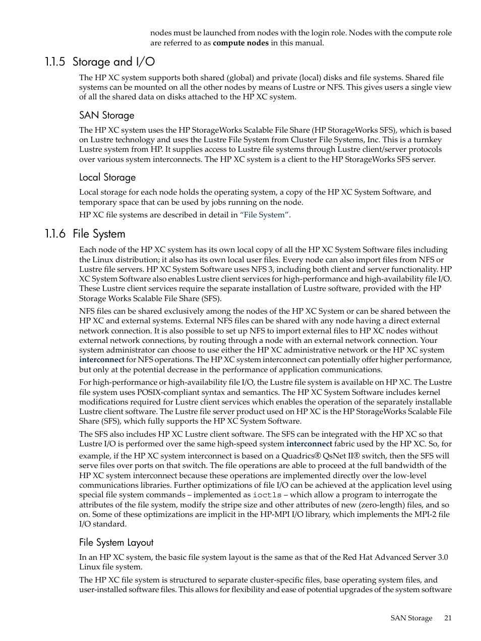 5 storage and i/o, 6 file system, 5 storage and i/o 1.1.6 file system | HP XC System 3.x Software User Manual | Page 21 / 133
