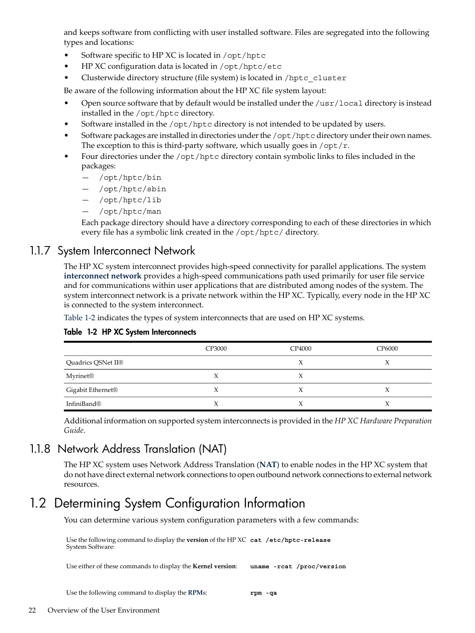 7 system interconnect network, 8 network address translation (nat), 2 determining system configuration information | Hp xc system interconnects | HP XC System 3.x Software User Manual | Page 22 / 133