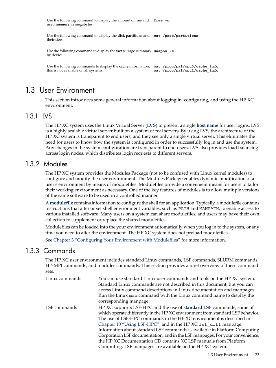 3 user environment, 1 lvs, 2 modules | 3 commands, 1 lvs 1.3.2 modules 1.3.3 commands | HP XC System 3.x Software User Manual | Page 23 / 133