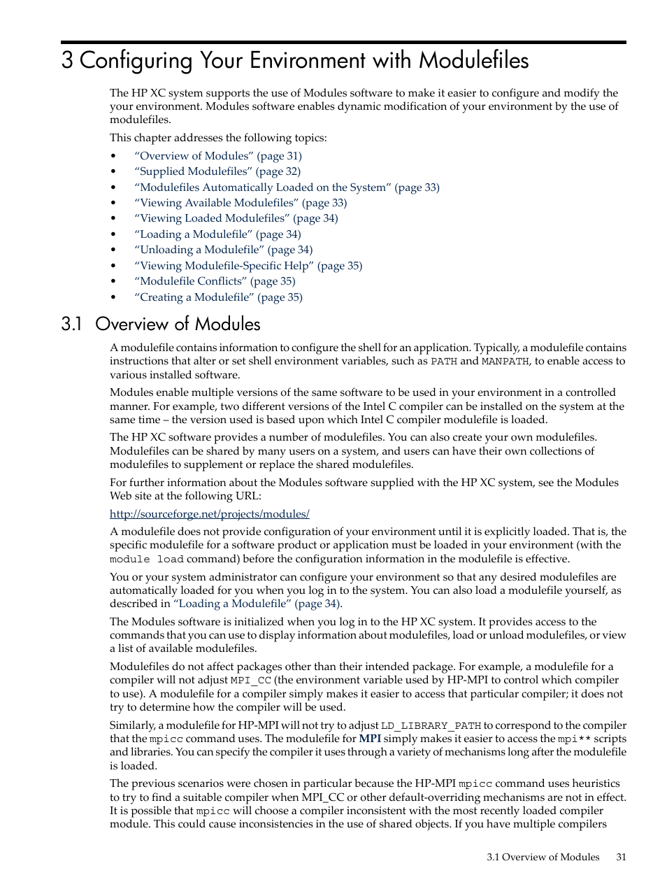 3 configuring your environment with modulefiles, 1 overview of modules, Overview of modules | HP XC System 3.x Software User Manual | Page 31 / 133