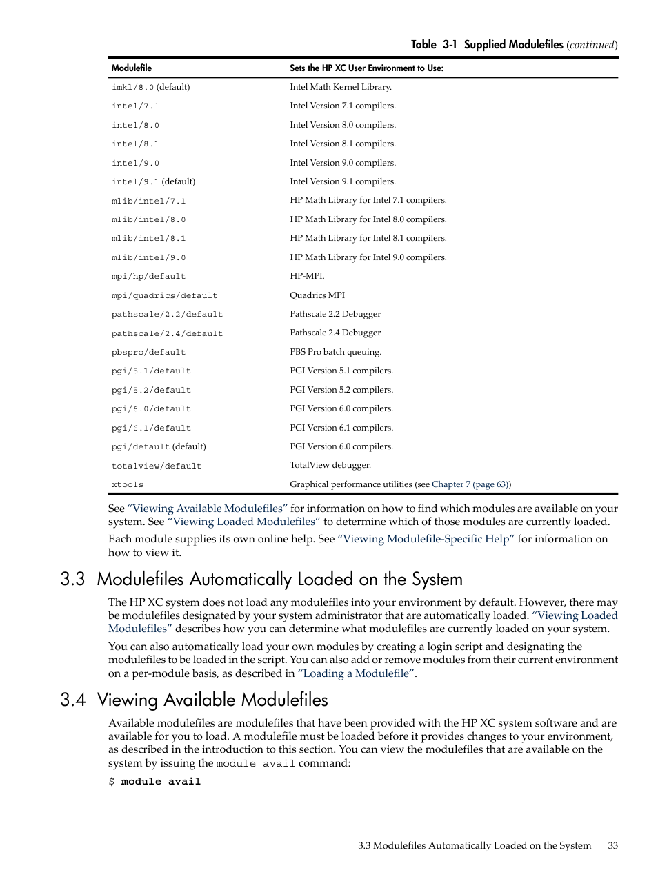 3 modulefiles automatically loaded on the system, 4 viewing available modulefiles | HP XC System 3.x Software User Manual | Page 33 / 133