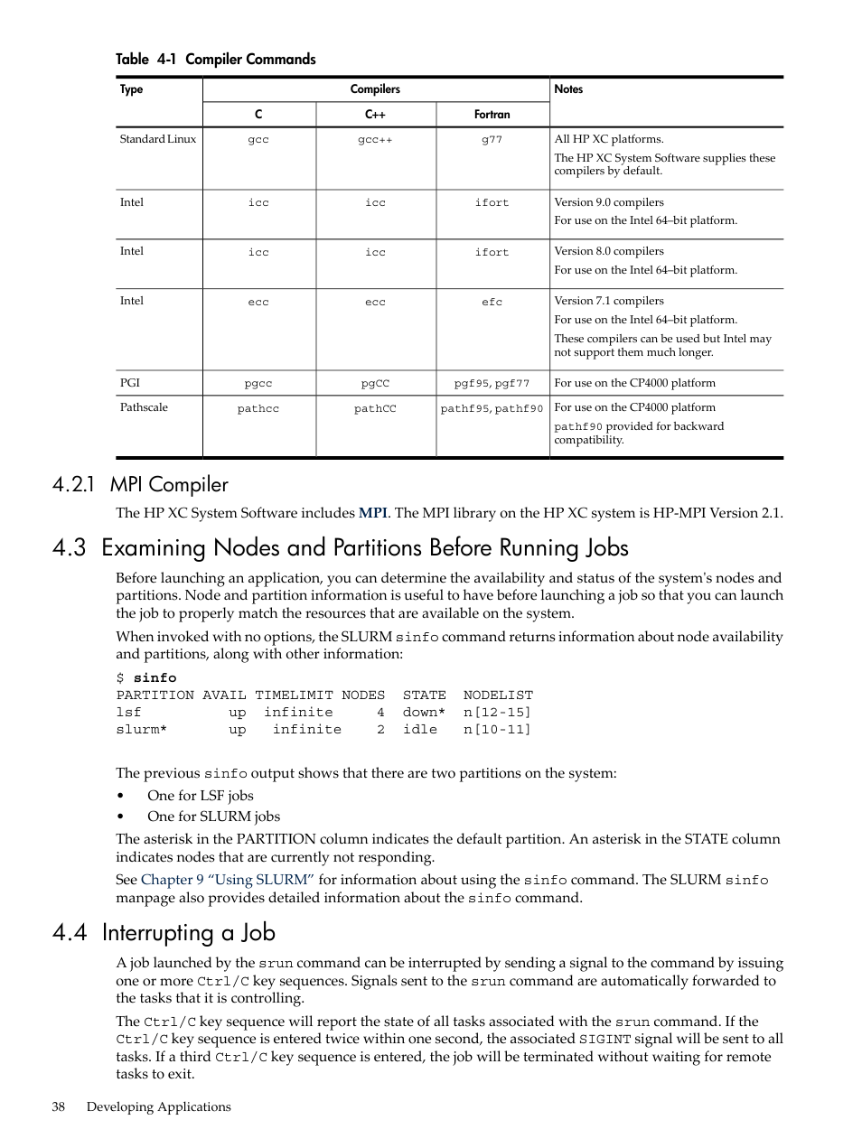 1 mpi compiler, 4 interrupting a job, Compiler commands | Table 4-1 | HP XC System 3.x Software User Manual | Page 38 / 133