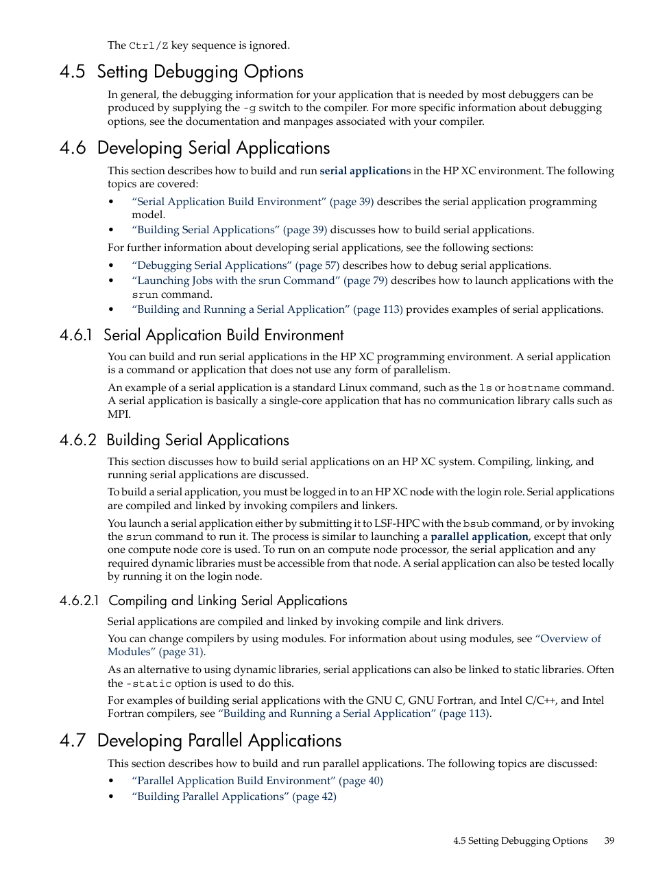 5 setting debugging options, 6 developing serial applications, 1 serial application build environment | 2 building serial applications, 1 compiling and linking serial applications, 7 developing parallel applications, Developing parallel applications, Building serial applications | HP XC System 3.x Software User Manual | Page 39 / 133