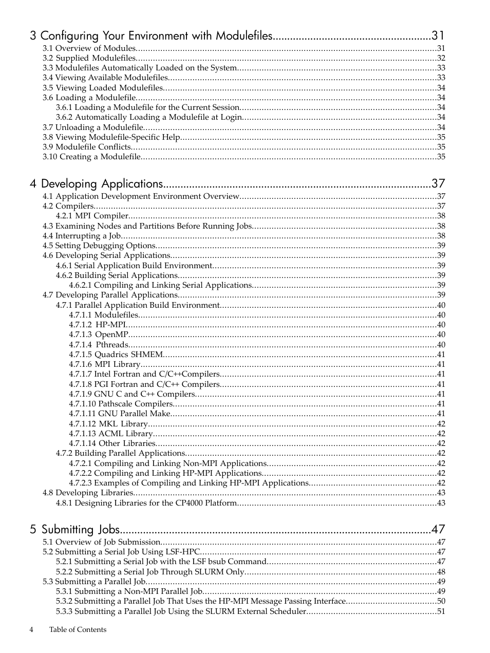 3 configuring your environment with modulefiles, 4 developing applications, 5 submitting jobs | HP XC System 3.x Software User Manual | Page 4 / 133