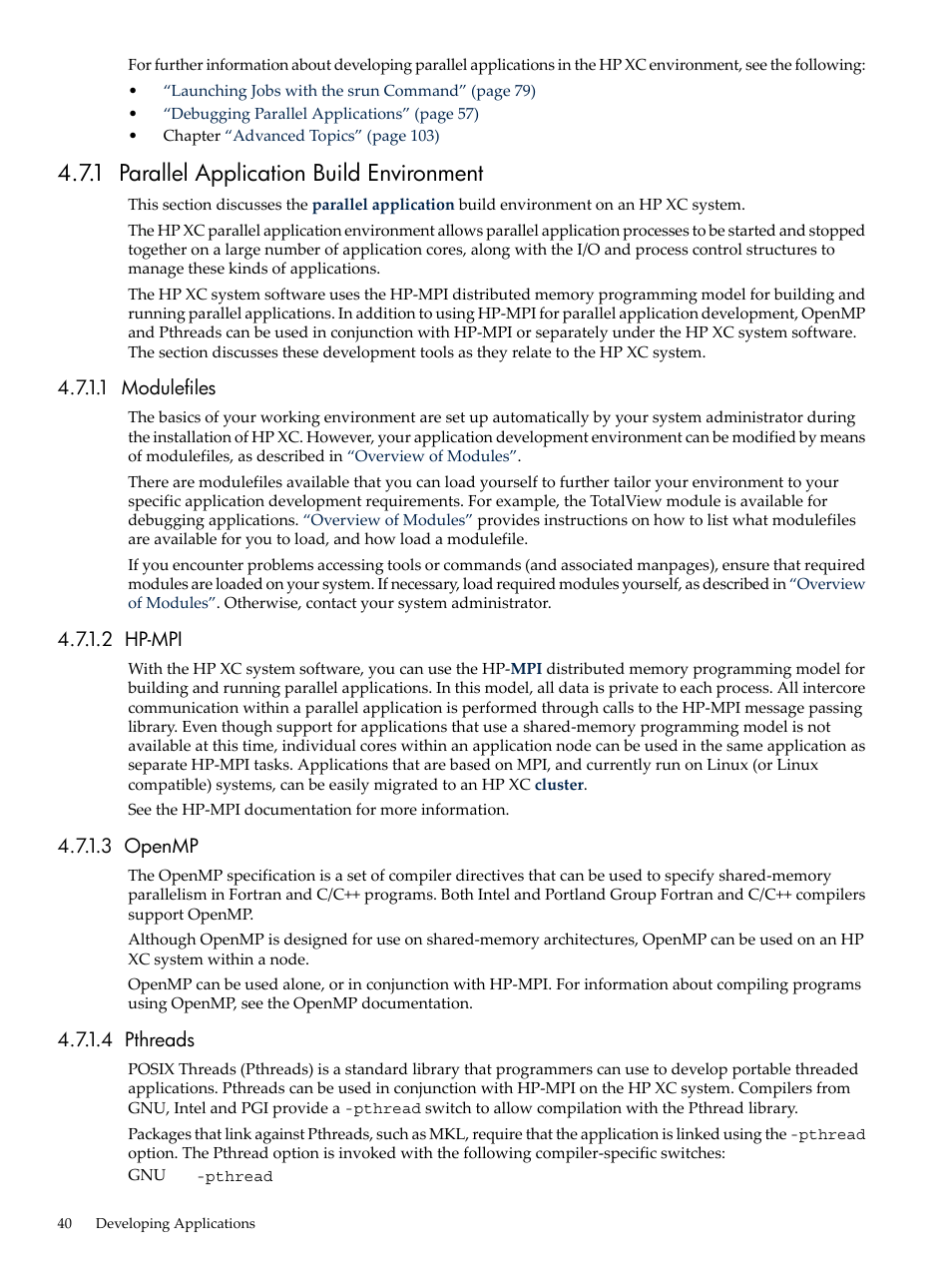 1 parallel application build environment, 1 modulefiles, 2 hp-mpi | 3 openmp, 4 pthreads | HP XC System 3.x Software User Manual | Page 40 / 133