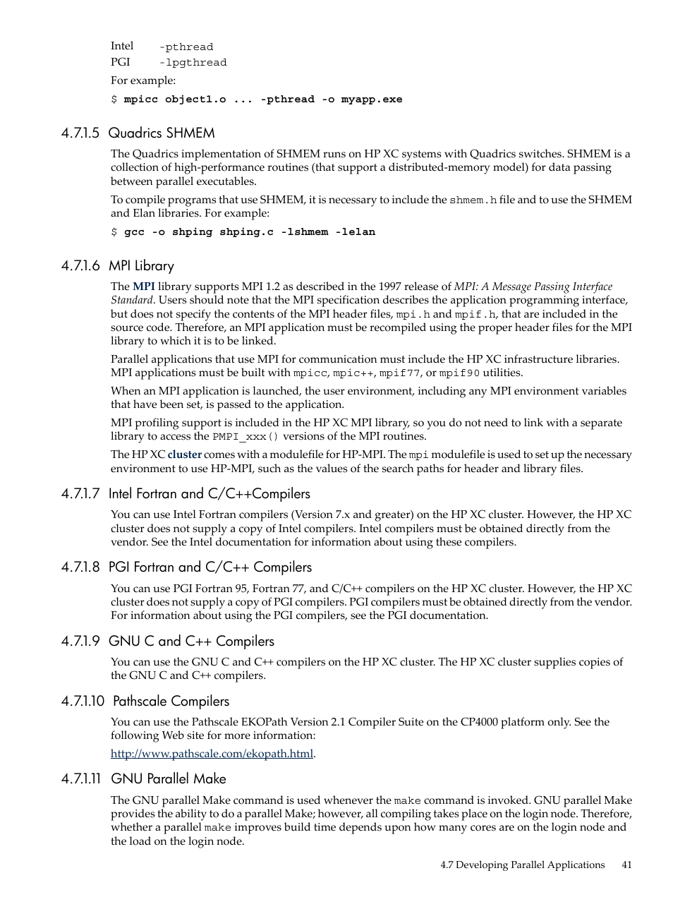 5 quadrics shmem, 6 mpi library, 7 intel fortran and c/c++compilers | 8 pgi fortran and c/c++ compilers, 9 gnu c and c++ compilers, 10 pathscale compilers, 11 gnu parallel make | HP XC System 3.x Software User Manual | Page 41 / 133