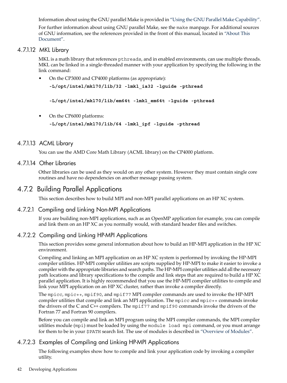 12 mkl library, 13 acml library, 14 other libraries | 2 building parallel applications, 1 compiling and linking non-mpi applications, 2 compiling and linking hp-mpi applications | HP XC System 3.x Software User Manual | Page 42 / 133