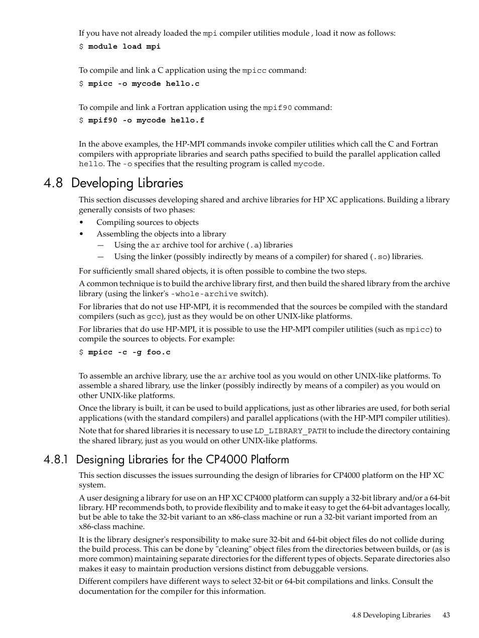 8 developing libraries, 1 designing libraries for the cp4000 platform | HP XC System 3.x Software User Manual | Page 43 / 133