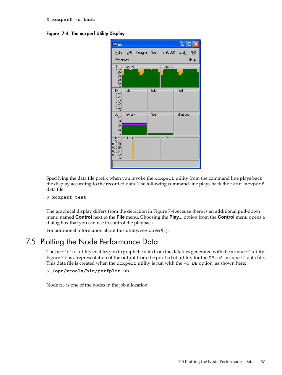 5 plotting the node performance data, The xcxperf utility display | HP XC System 3.x Software User Manual | Page 67 / 133