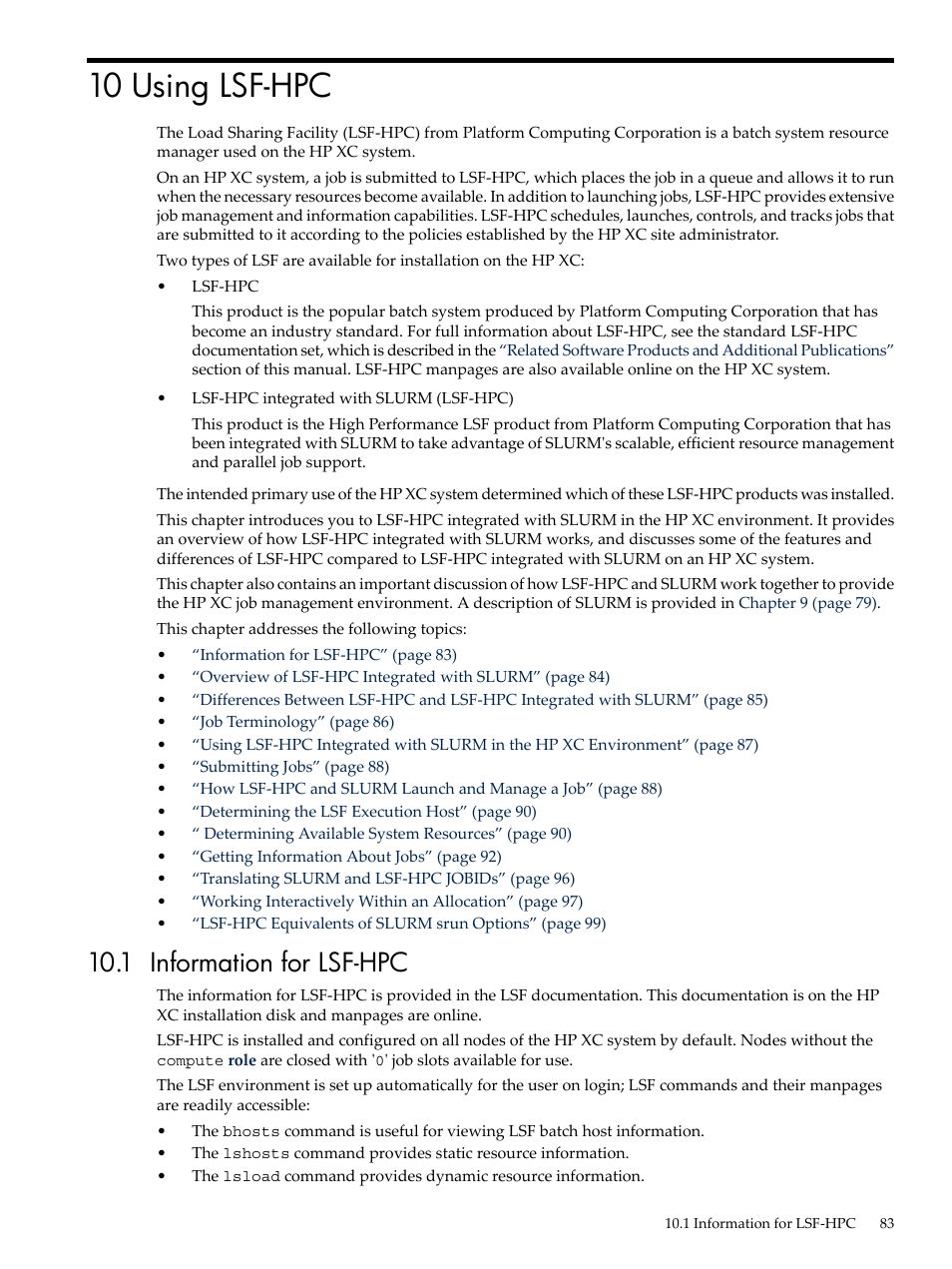 10 using lsf-hpc, 1 information for lsf-hpc, Chapter 10 “using lsf-hpc | Using lsf-hpc, Chapter 10: using lsf-hpc | HP XC System 3.x Software User Manual | Page 83 / 133