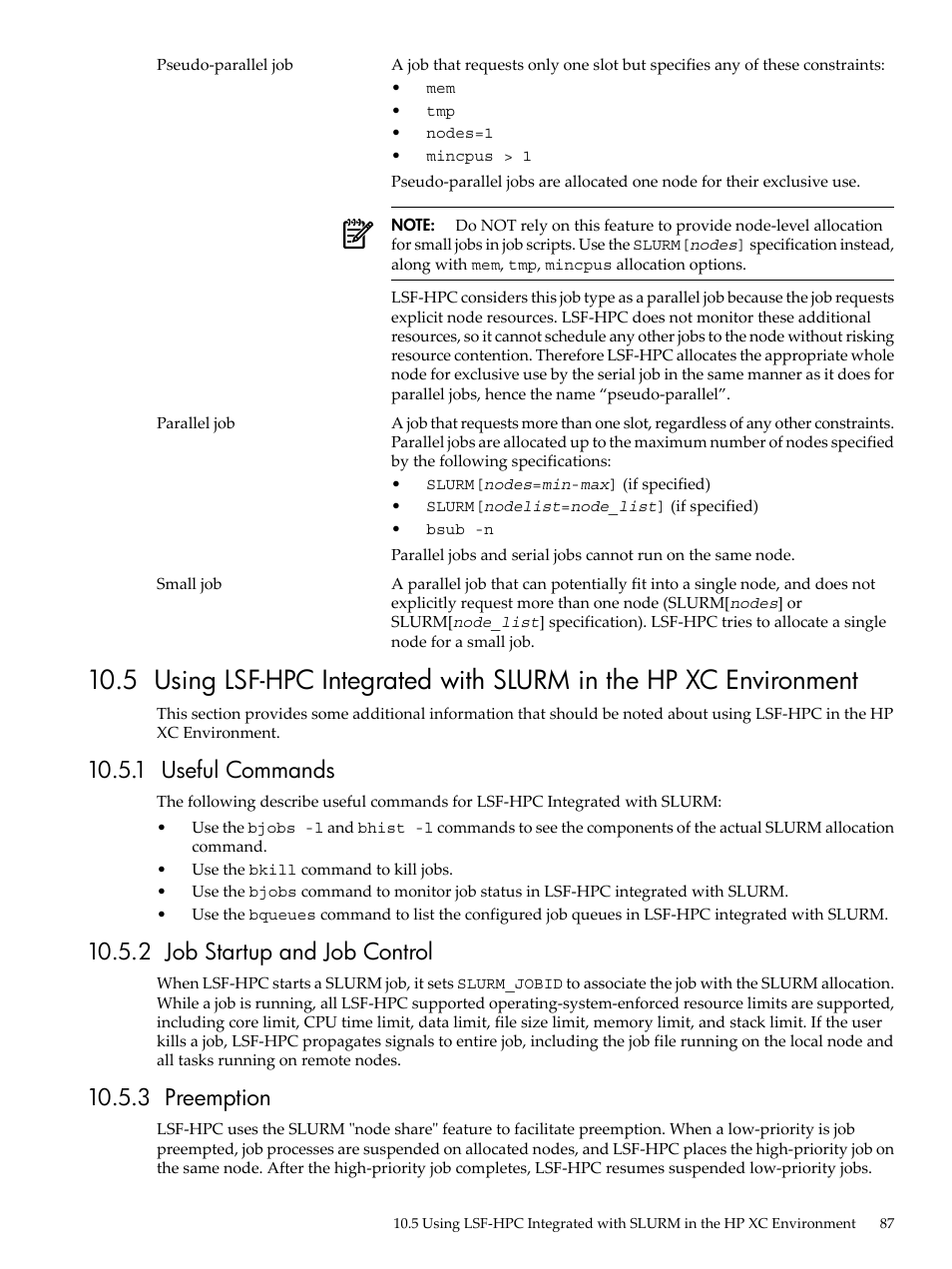 1 useful commands, 2 job startup and job control, 3 preemption | Using lsf-hpc, Integrated with slurm in the hp xc environment | HP XC System 3.x Software User Manual | Page 87 / 133