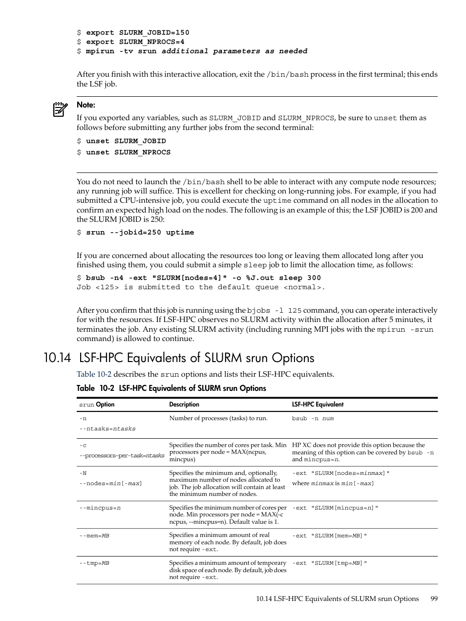 14 lsf-hpc equivalents of slurm srun options, Lsf-hpc equivalents of slurm srun options | HP XC System 3.x Software User Manual | Page 99 / 133