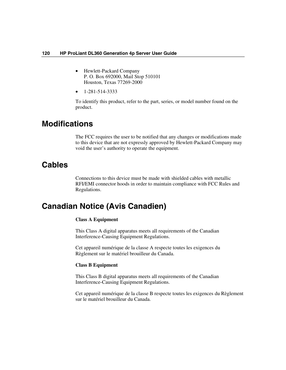 Modifications, Cables, Canadian notice (avis canadien) | HP ProLiant DL360 G4p Server User Manual | Page 120 / 140